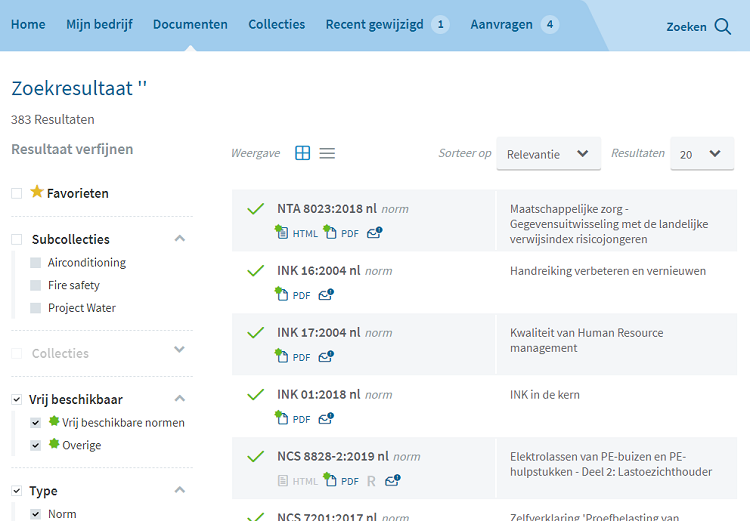 NEN Connect zoekresultaten_vrij beschikbare normen